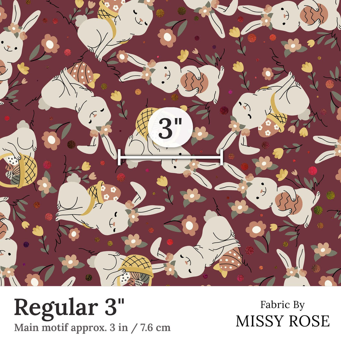 Design 330 Maroon Rabbit Fabric Regular 3 inch print scale guide | Fabric by Missy Rose