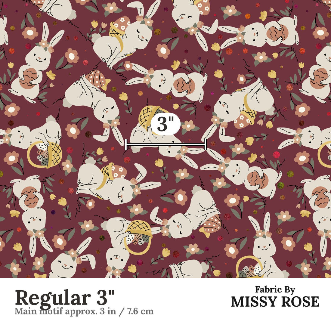 Design 330 Maroon Rabbit Fabric Regular 3" - print scale | Fabric by Missy Rose