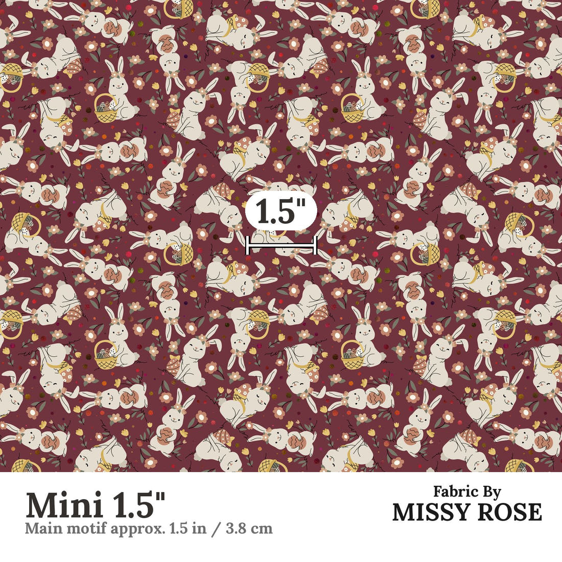 Design 330 Maroon Rabbit Fabric Mini 1.5" - print scale | Fabric by Missy Rose