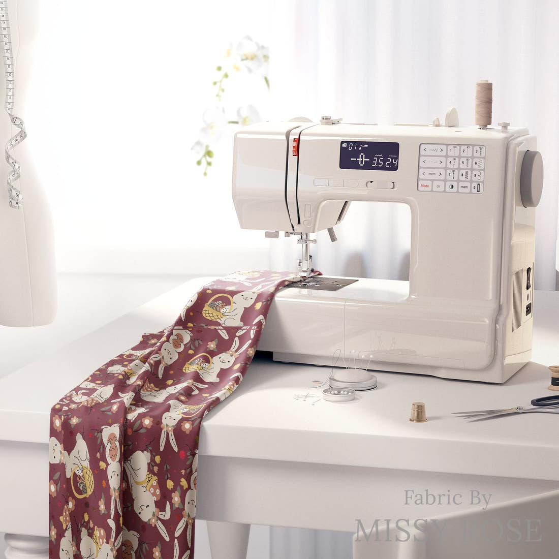 Design 330 Maroon Rabbit Fabric on a sewing machine – premium fabric for sewing projects | Fabric by Missy Rose
