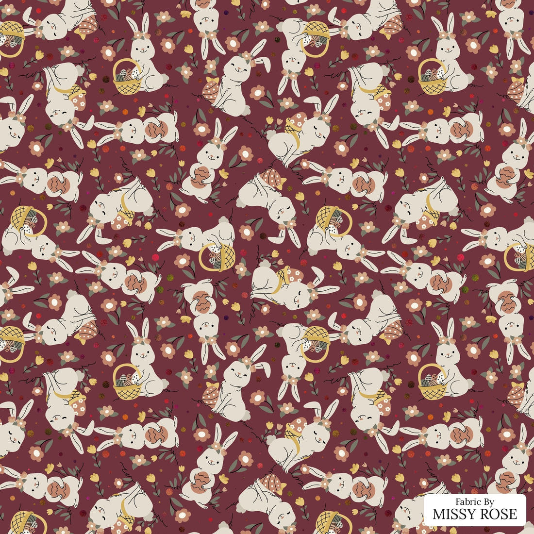 Design 330 Maroon Rabbit Fabric - flat view of the print, zoom in for detail | Fabric by Missy Rose