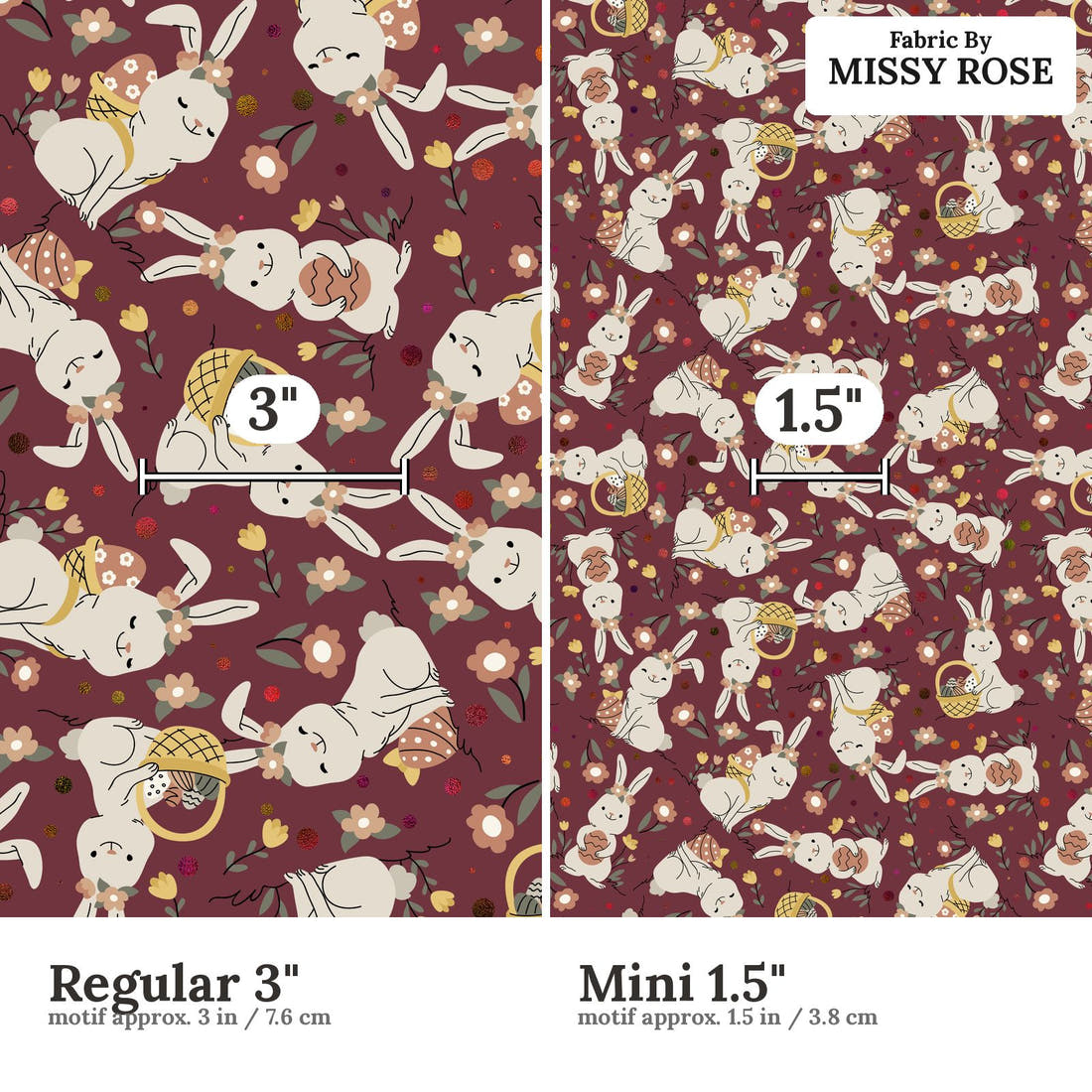 Design 330 Maroon Rabbit Fabric size comparison - print scale | Fabric by Missy Rose