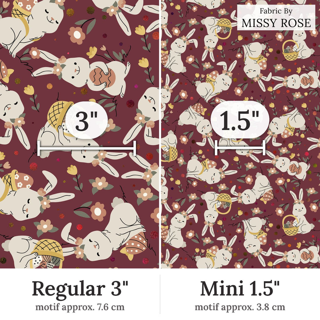 Design 330 Maroon Rabbit Fabric Regular 3 inch vs Mini 1.5 inch print scale side by side | Fabric by Missy Rose