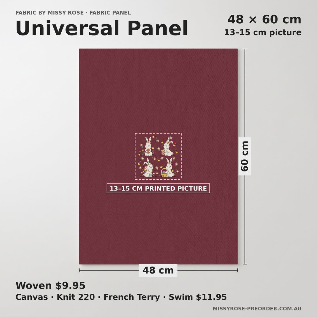 Design 330 Maroon Rabbit Panel universal panel sizing – 13–15 cm printed picture on 48 × 60 cm fabric | Fabric by Missy Rose