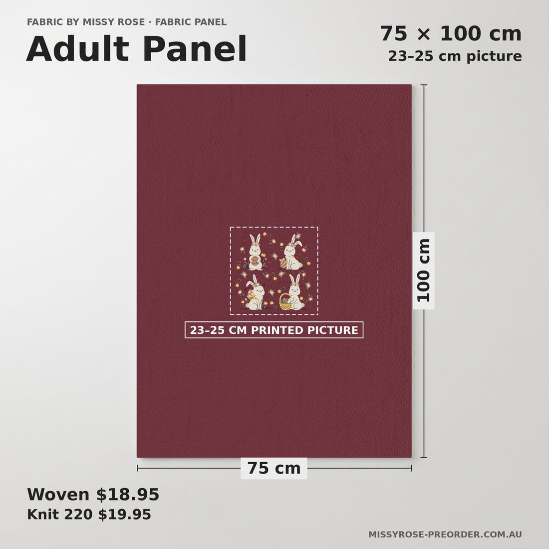 Design 330 Maroon Rabbit Panel adult panel sizing – 23–25 cm printed picture on 75 × 100 cm fabric | Fabric by Missy Rose