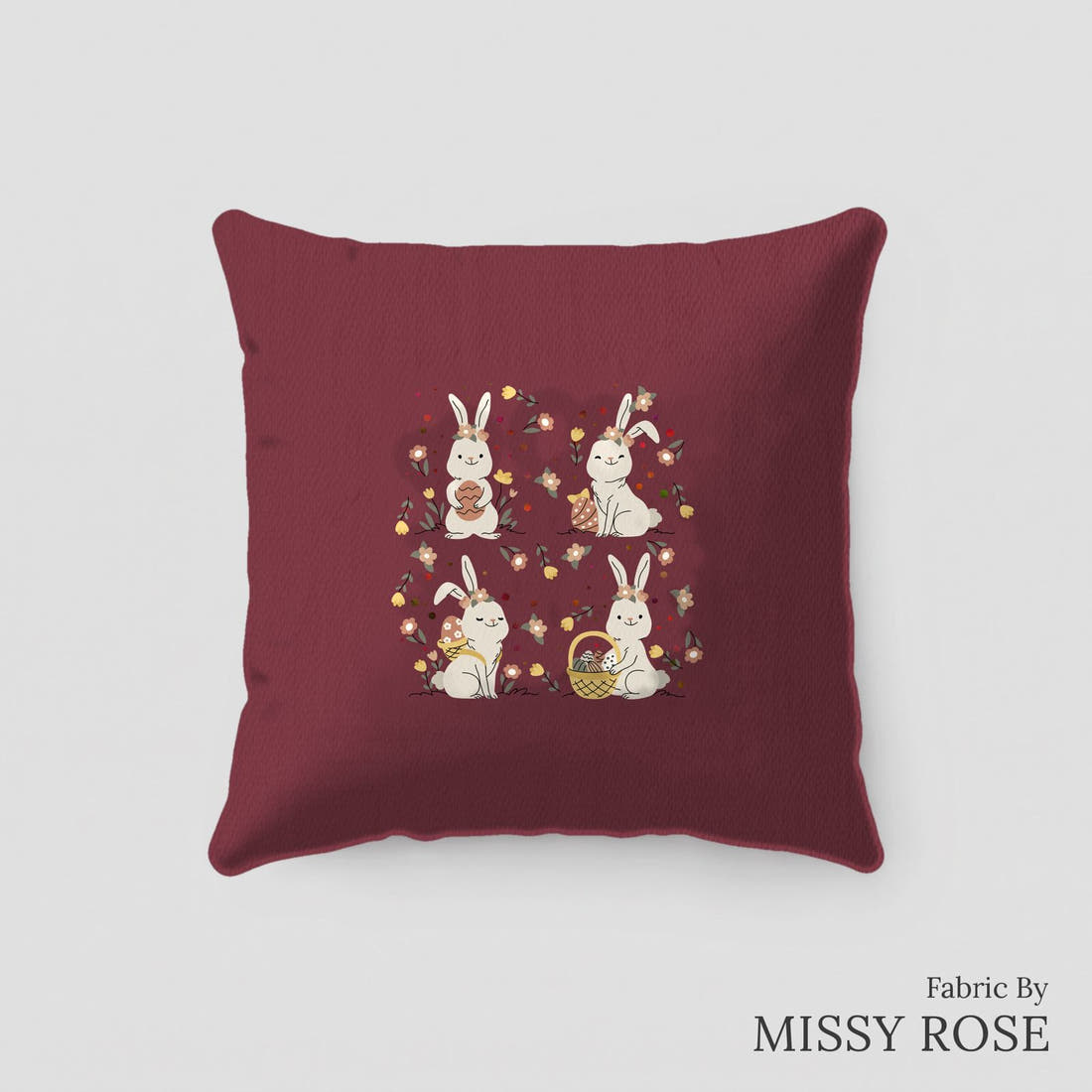 Design 330 Maroon Rabbit Panel sewn into a cushion – see how the panel looks made up | Fabric by Missy Rose
