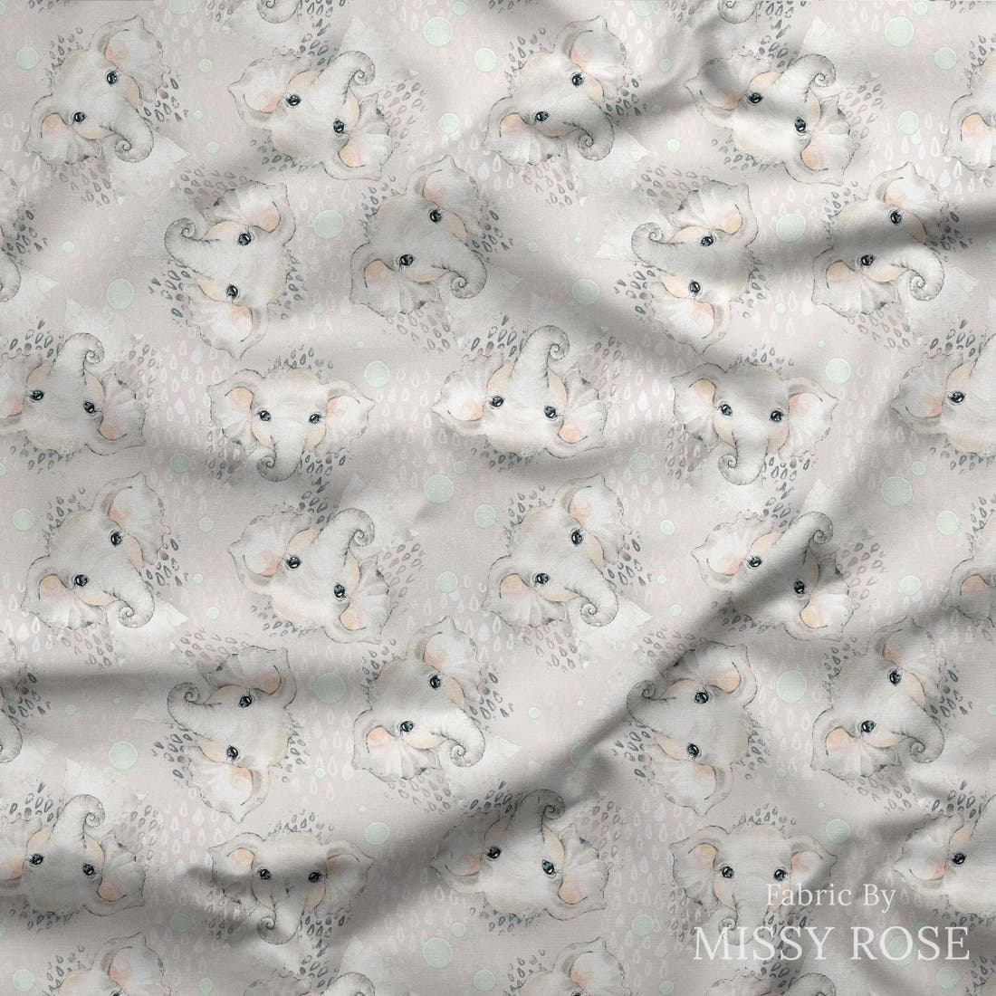 Design 331 Grey Elephant Fabric draped fabric mockup – custom printed fabric by the metre | Fabric by Missy Rose