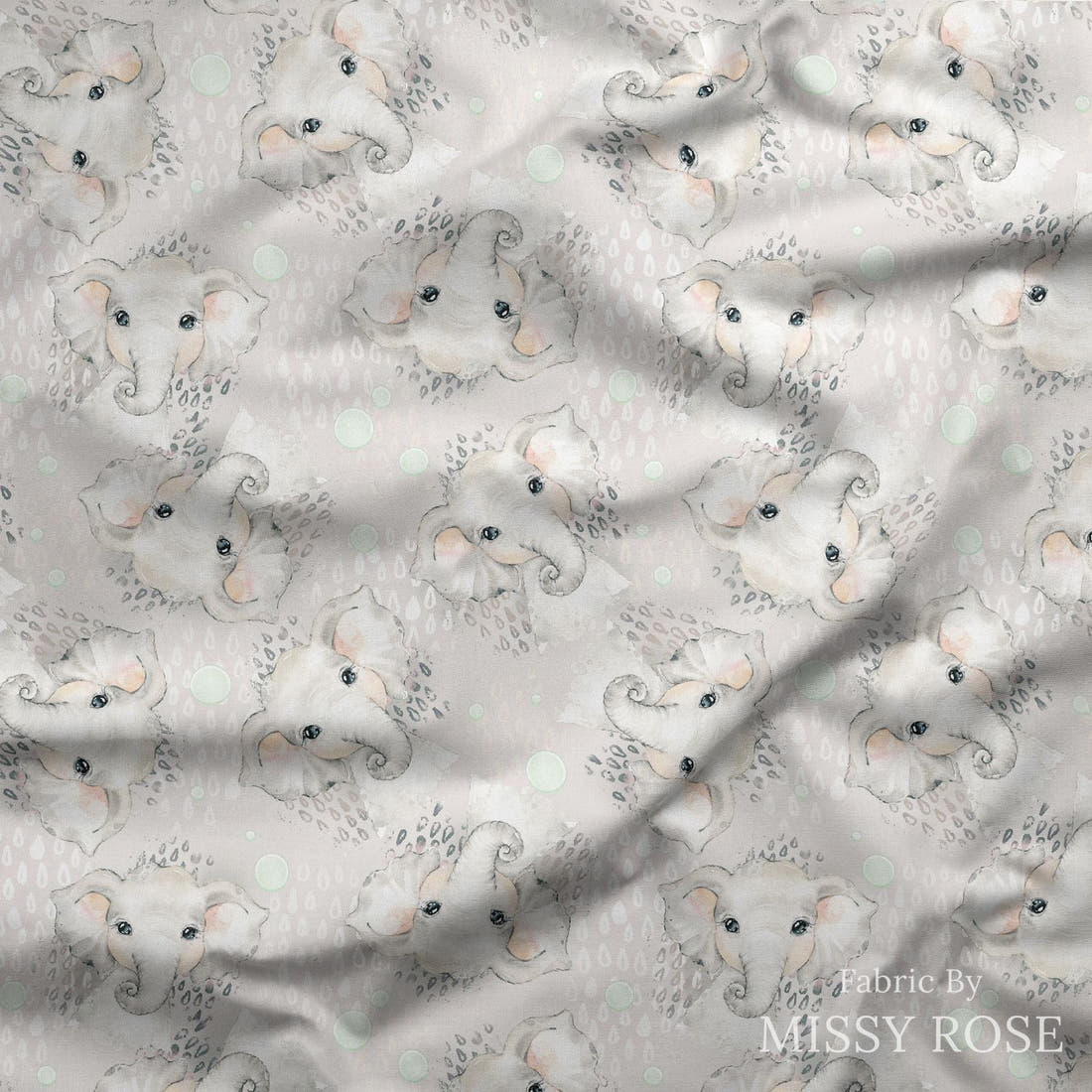 Design 331 Grey Elephant Fabric draped fabric mockup – custom printed fabric by the metre | Fabric by Missy Rose
