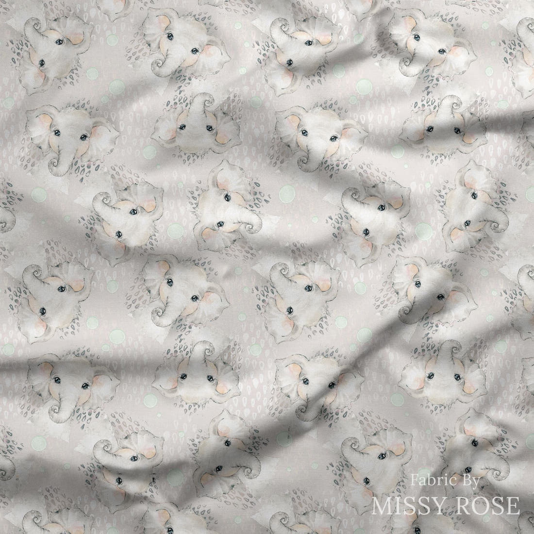 Design 331 Grey Elephant Fabric draped fabric mockup – custom printed fabric by the metre | Fabric by Missy Rose