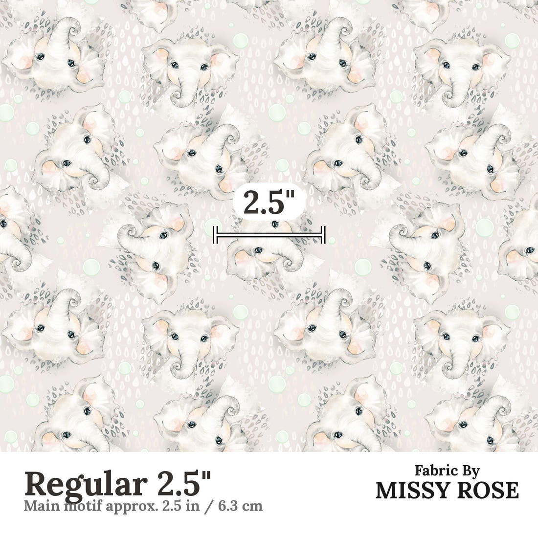 Design 331 Grey Elephant Fabric Regular 2.5" - print scale | Fabric by Missy Rose