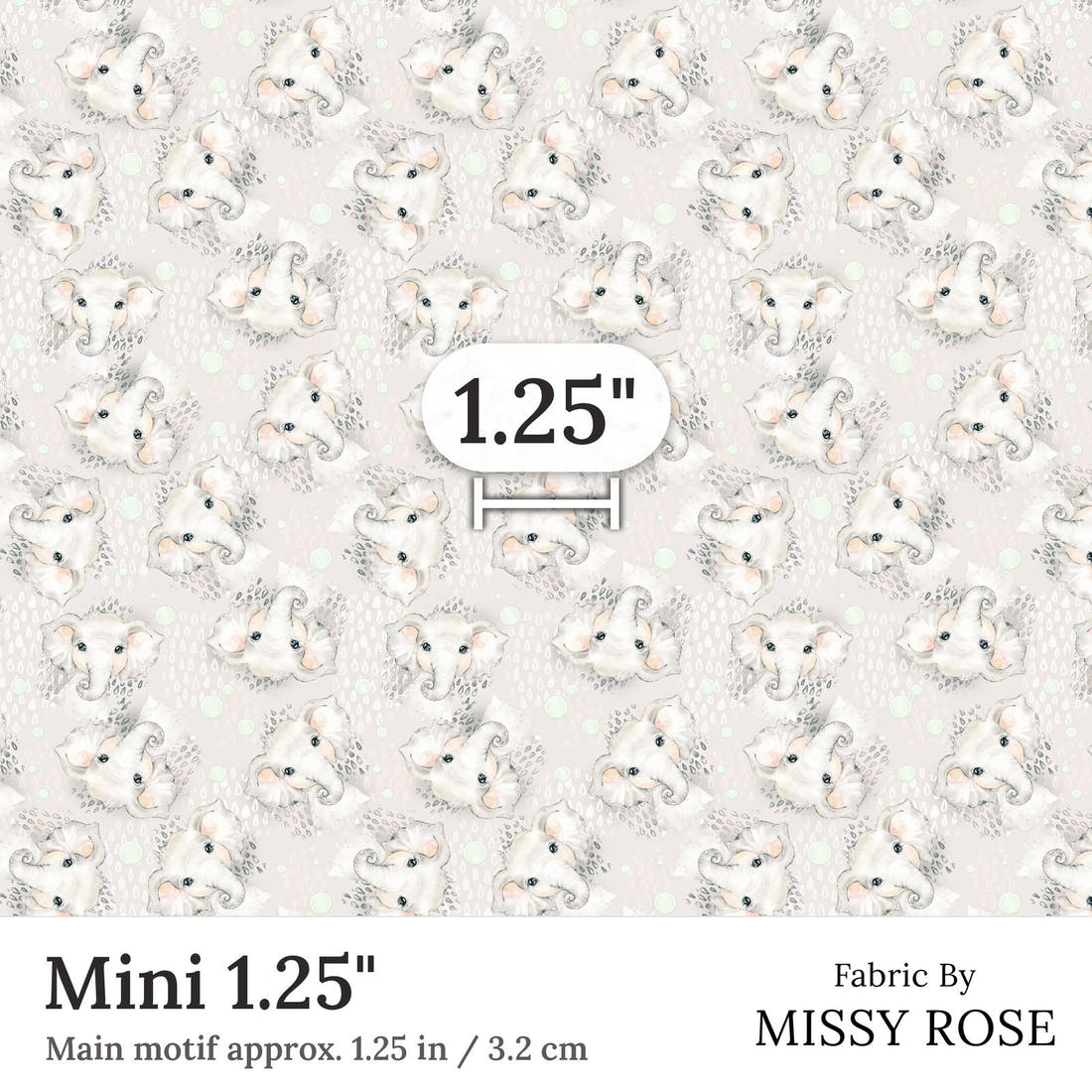 Design 331 Grey Elephant Fabric Mini 1.25 inch print scale guide | Fabric by Missy Rose