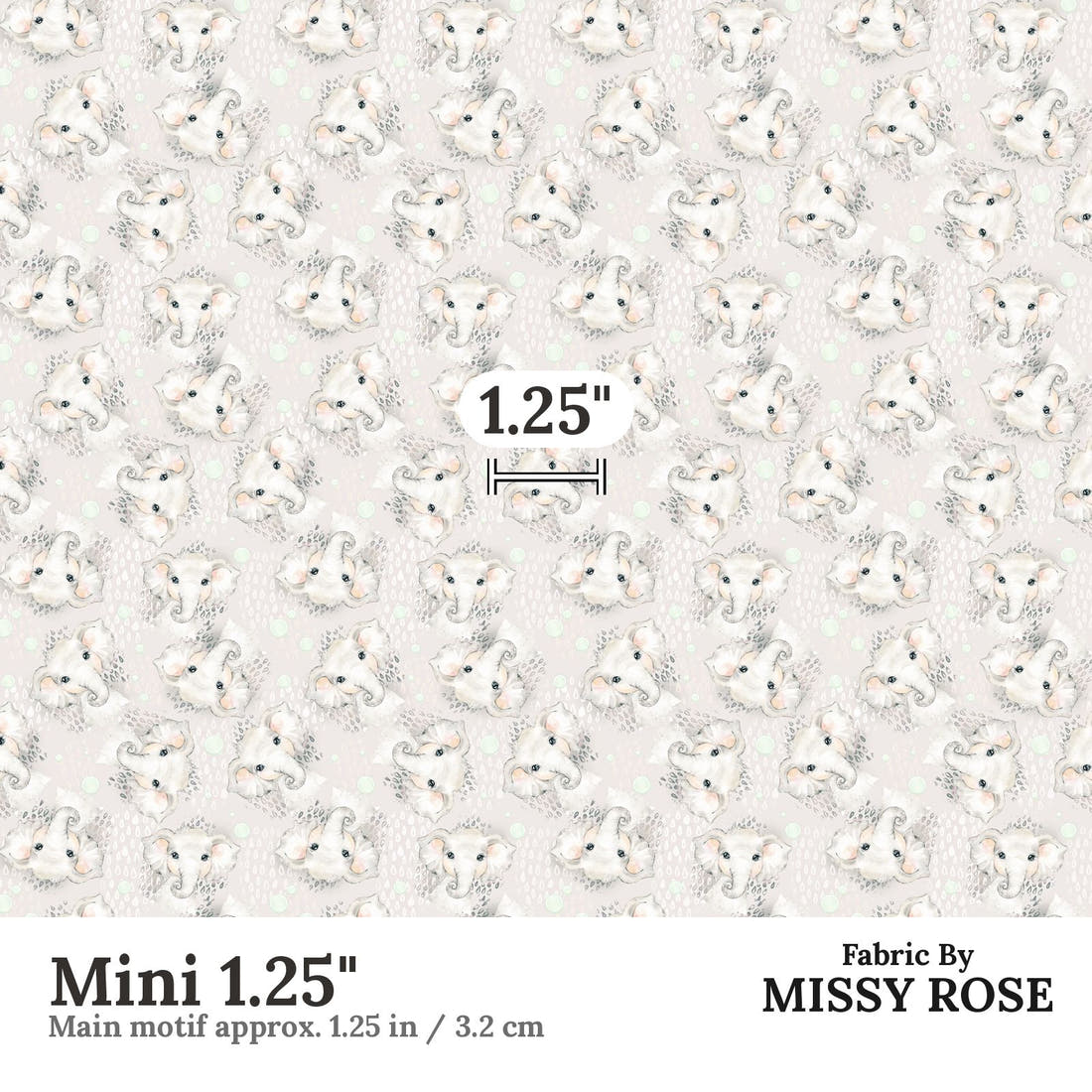 Design 331 Grey Elephant Fabric Mini 1.25" - print scale | Fabric by Missy Rose