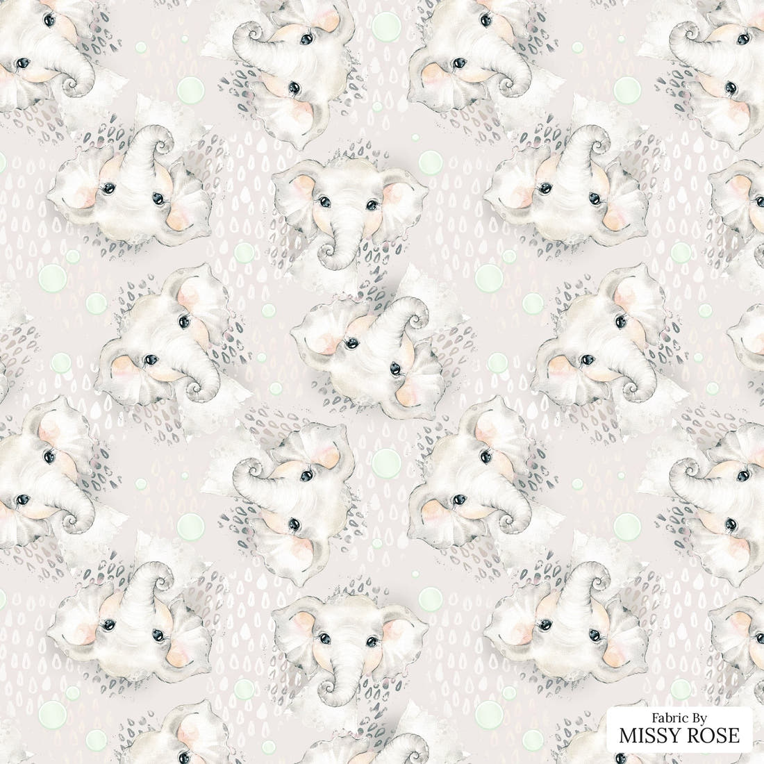Design 331 Grey Elephant Fabric - flat view of the print, zoom in for detail | Fabric by Missy Rose