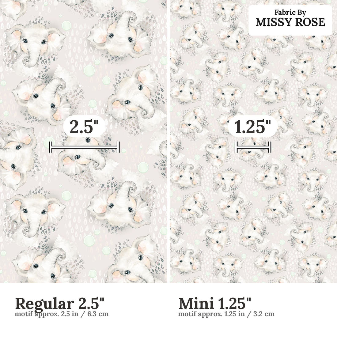 Design 331 Grey Elephant Fabric size comparison - print scale | Fabric by Missy Rose