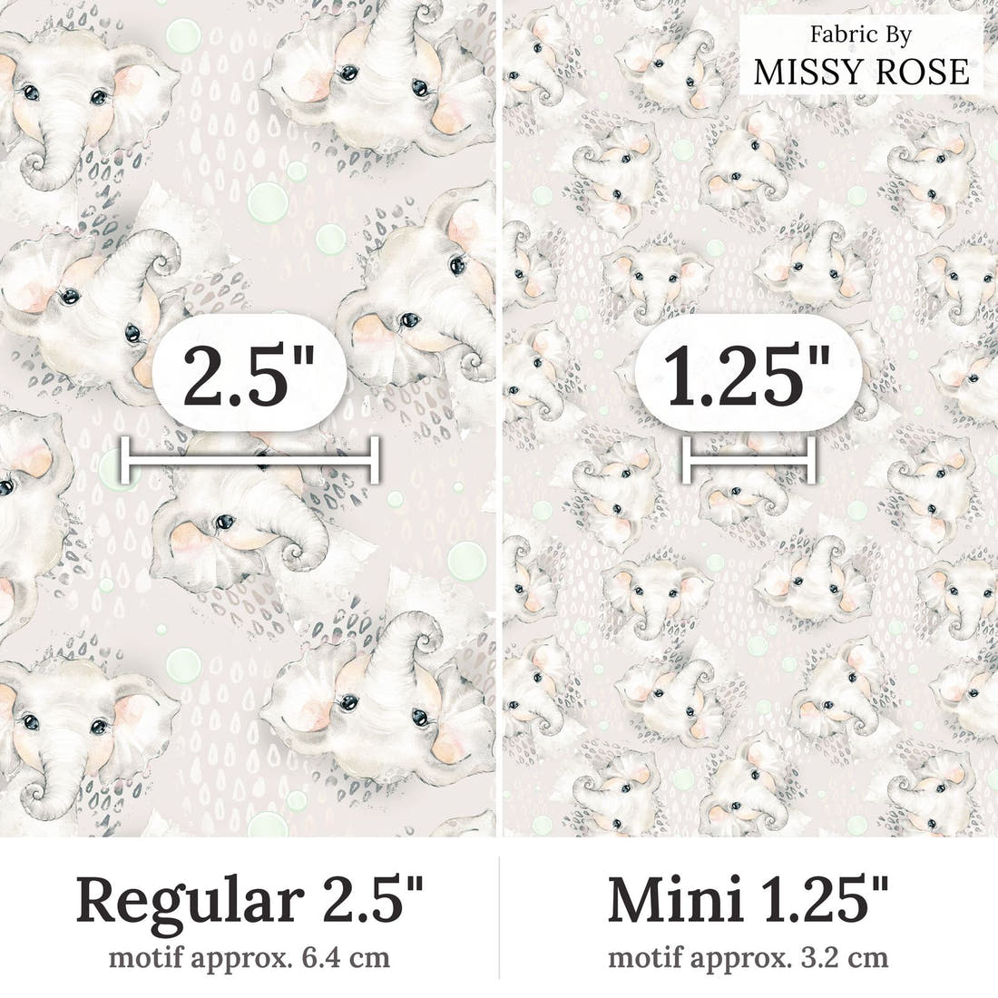 Design 331 Grey Elephant Fabric Regular 2.5 inch vs Mini 1.25 inch print scale side by side | Fabric by Missy Rose