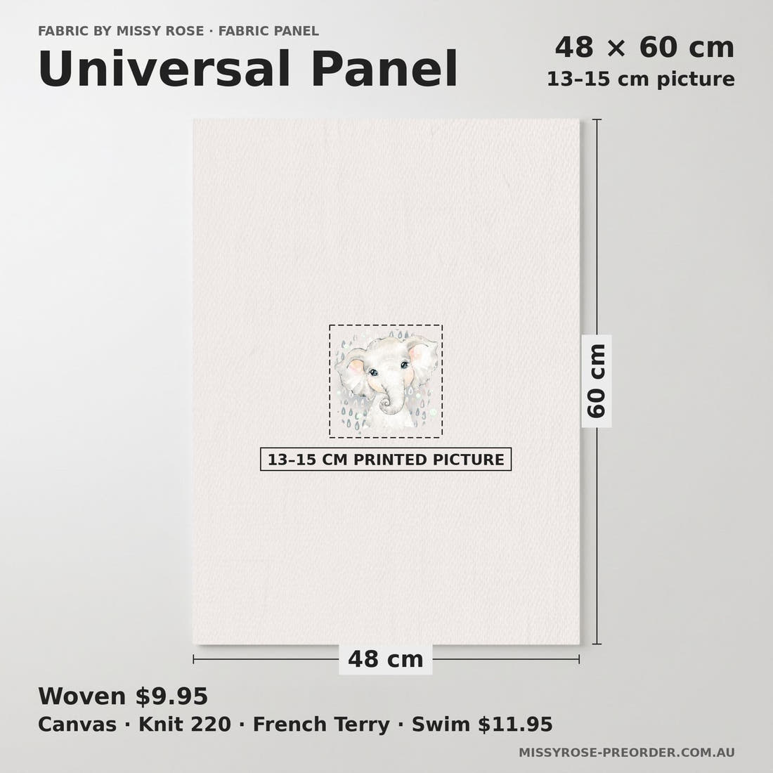 Design 331 Grey Elephant Panel universal panel sizing – 13–15 cm printed picture on 48 × 60 cm fabric | Fabric by Missy Rose