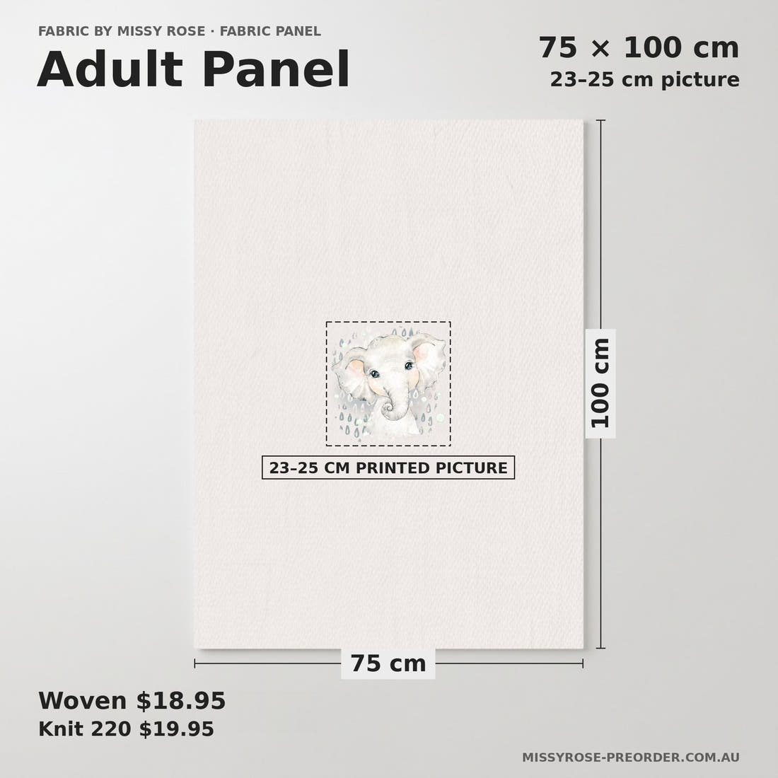 Design 331 Grey Elephant Panel adult panel sizing – 23–25 cm printed picture on 75 × 100 cm fabric | Fabric by Missy Rose