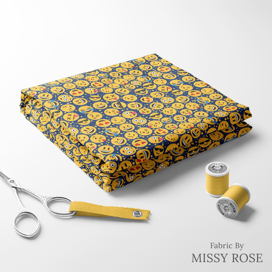 Design 332 Emoji Fabric folded fabric stack with matching thread – pre-order fabric Australia | Fabric by Missy Rose