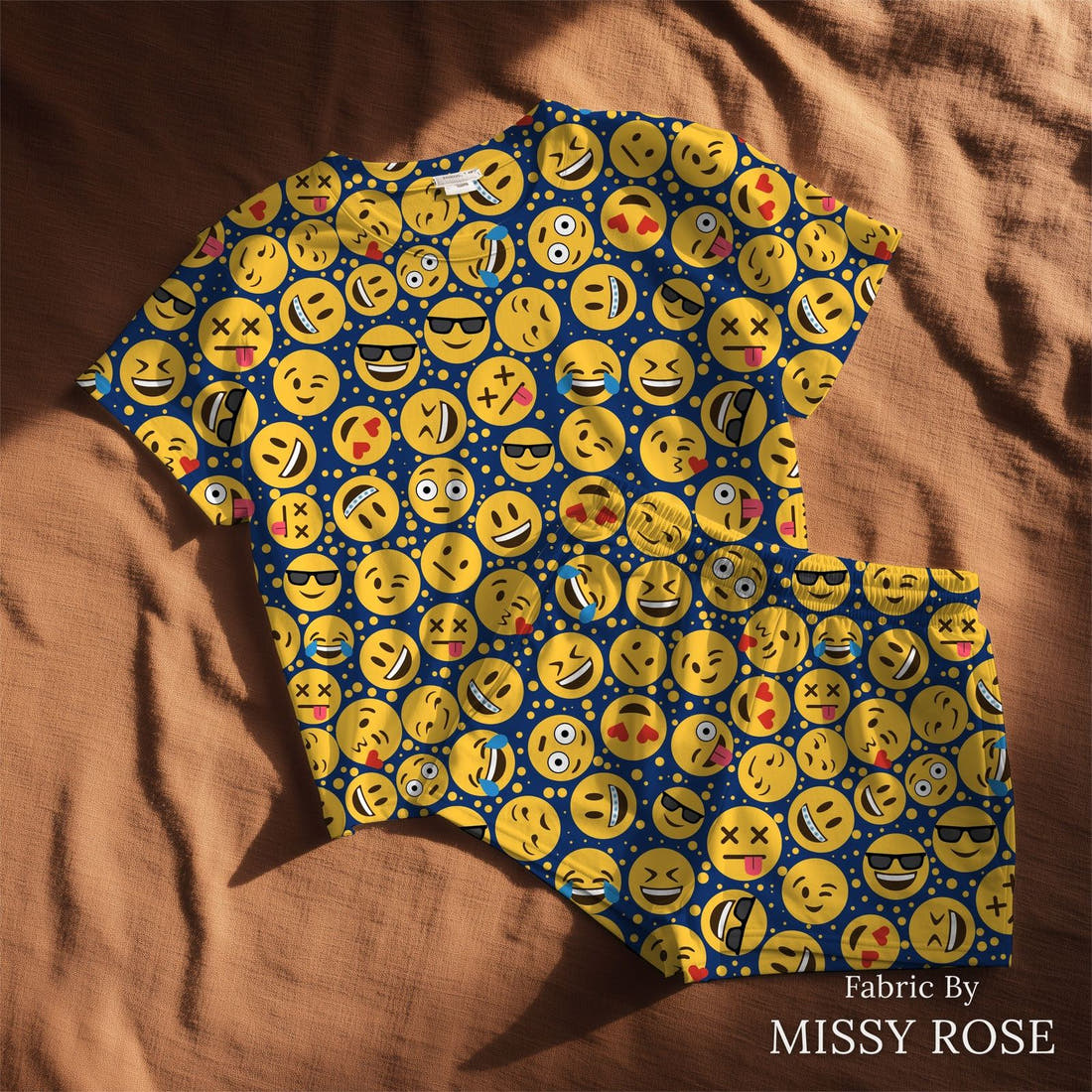 Design 332 Emoji Fabric sewn into a lounge set – see how the print looks made up | Fabric by Missy Rose