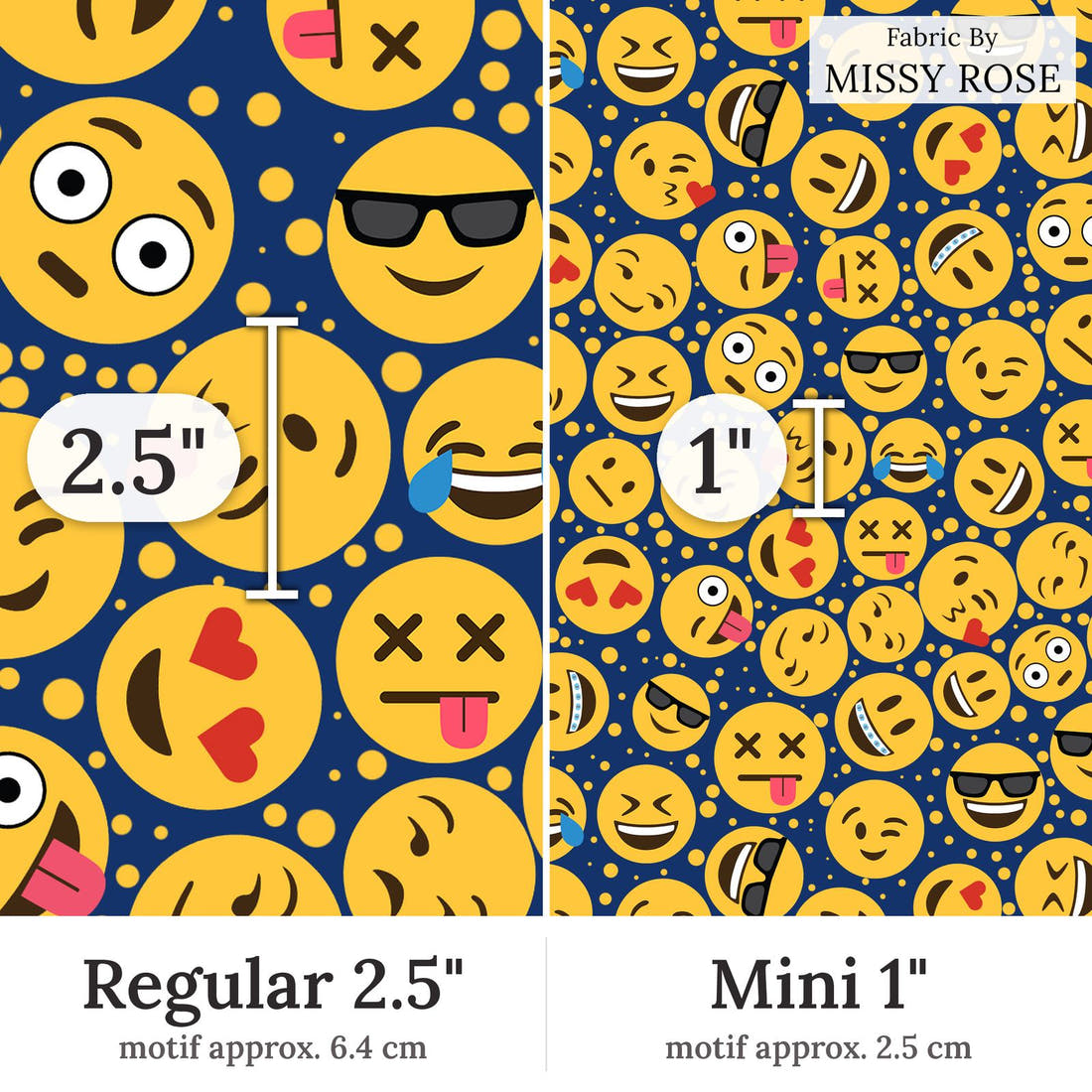 Design 332 Emoji Fabric Regular 2.5 inch vs Mini 1 inch print scale side by side | Fabric by Missy Rose