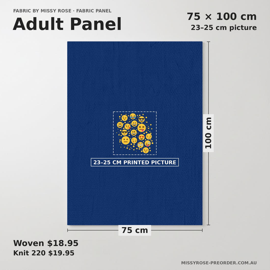 Design 332 Emoji Panel adult panel sizing – 23–25 cm printed picture on 75 × 100 cm fabric | Fabric by Missy Rose