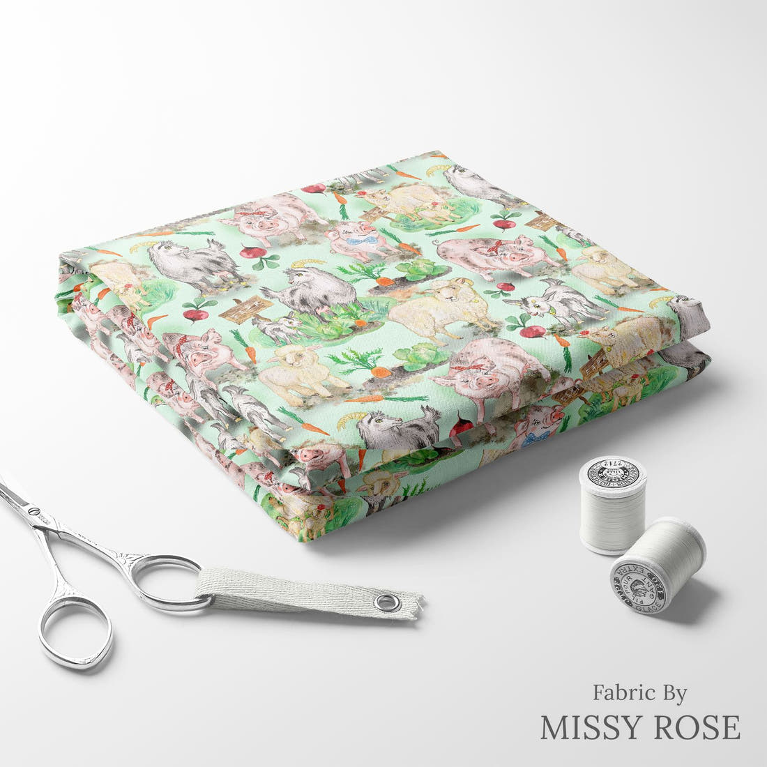 Design 333 Green Farm Animals Fabric folded fabric stack with matching thread – pre-order fabric Australia | Fabric by Missy Rose
