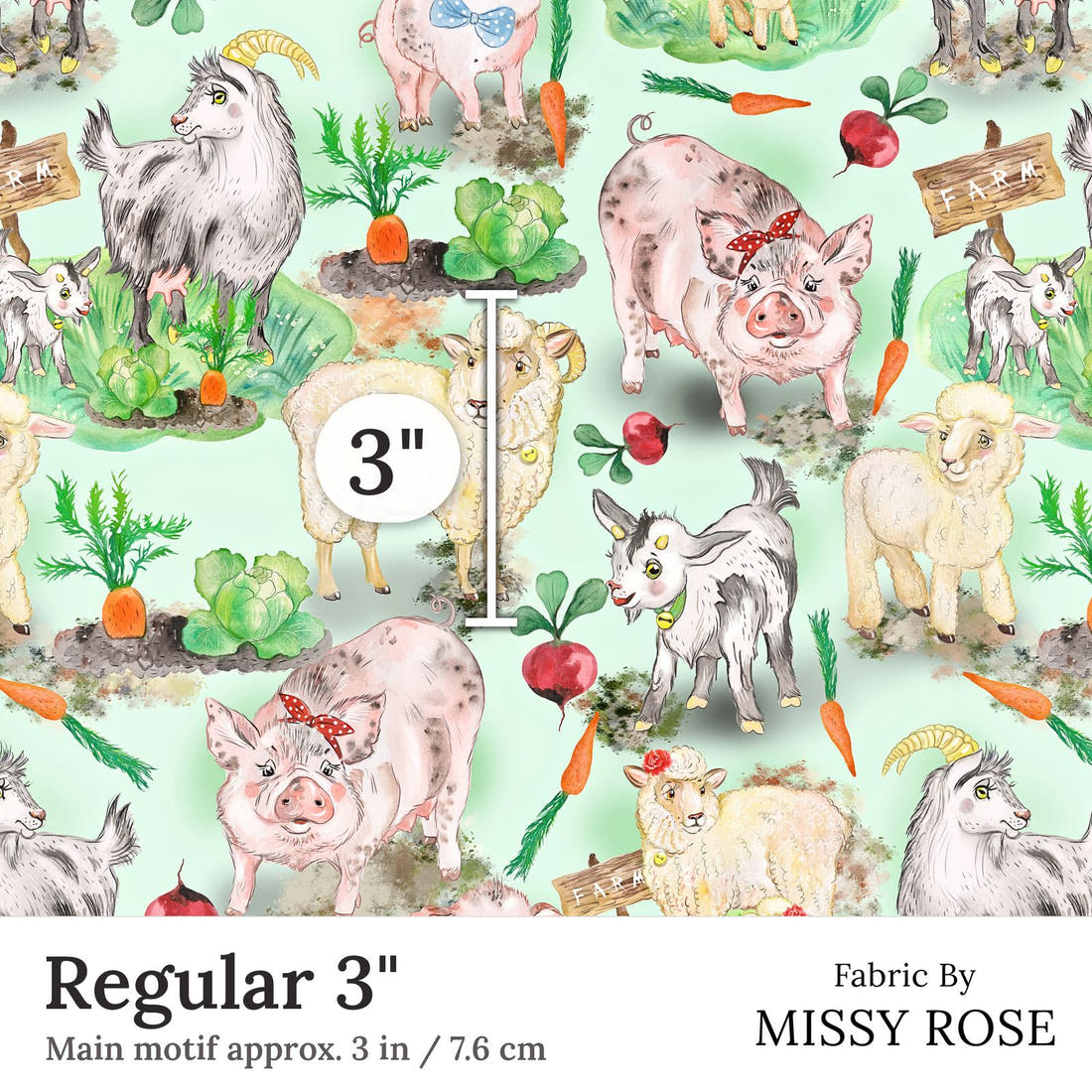 Design 333 Green Farm Animals Fabric Regular 3 inch print scale guide | Fabric by Missy Rose