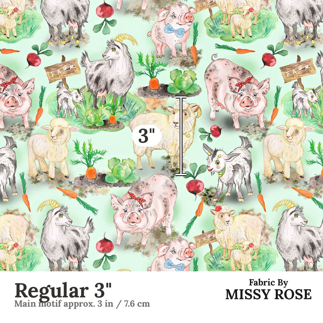 Design 333 Green Farm Animals Fabric Regular 3" - print scale | Fabric by Missy Rose