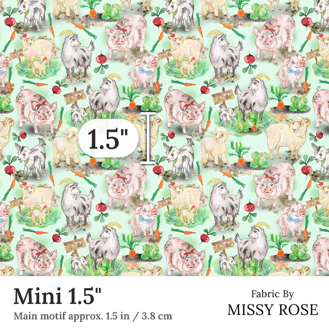 Design 333 Green Farm Animals Fabric Mini 1.5 inch print scale guide | Fabric by Missy Rose