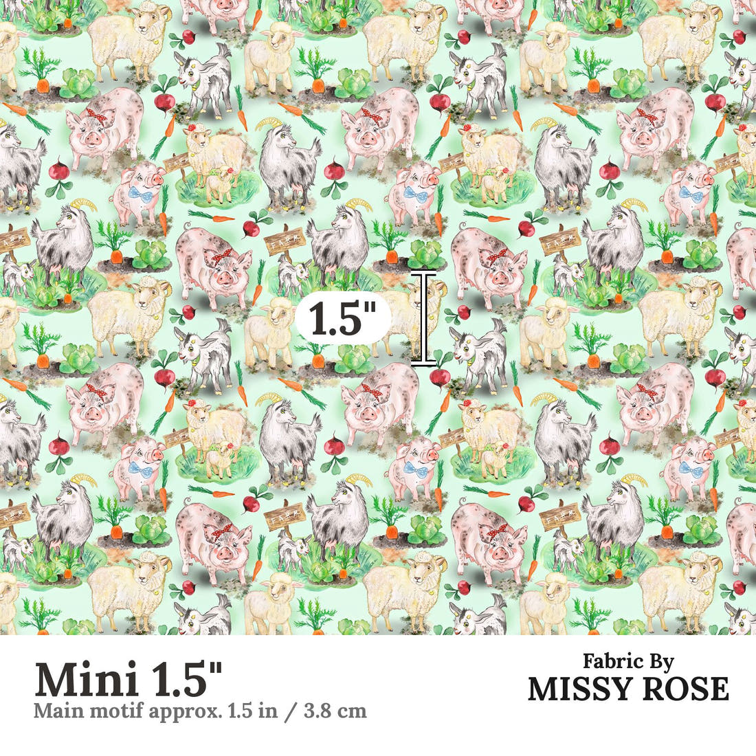 Design 333 Green Farm Animals Fabric Mini 1.5" - print scale | Fabric by Missy Rose