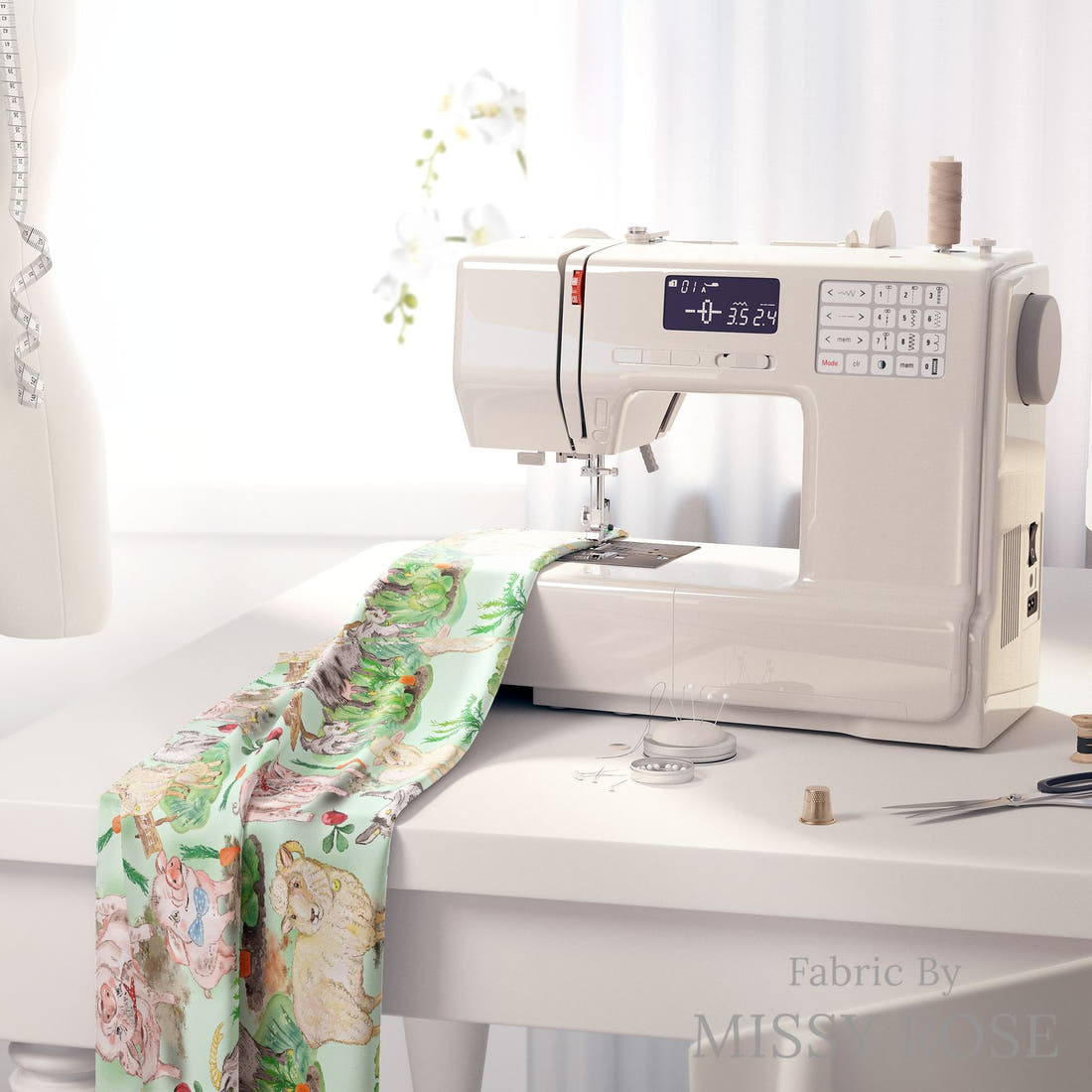 Design 333 Green Farm Animals Fabric on a sewing machine – premium fabric for sewing projects | Fabric by Missy Rose