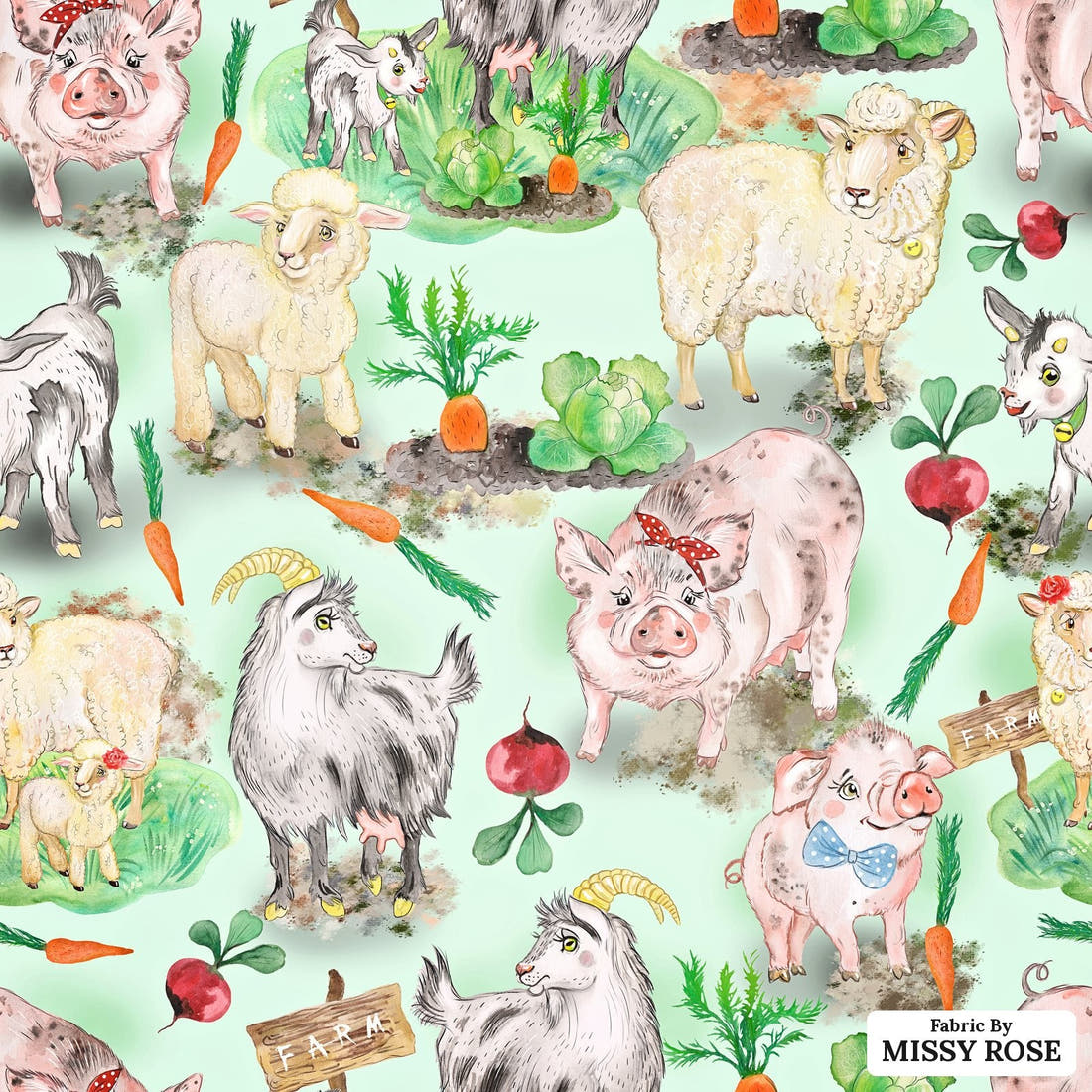 Design 333 Green Farm Animals Fabric - flat view of the print, zoom in for detail | Fabric by Missy Rose