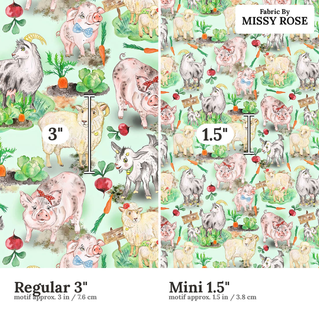 Design 333 Green Farm Animals Fabric size comparison - print scale | Fabric by Missy Rose
