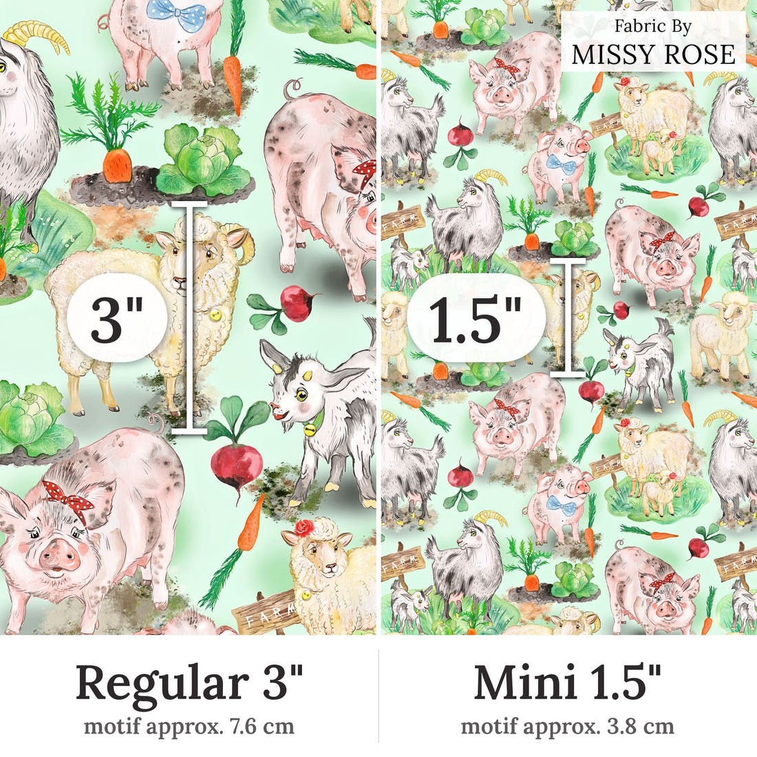 Design 333 Green Farm Animals Fabric Regular 3 inch vs Mini 1.5 inch print scale side by side | Fabric by Missy Rose