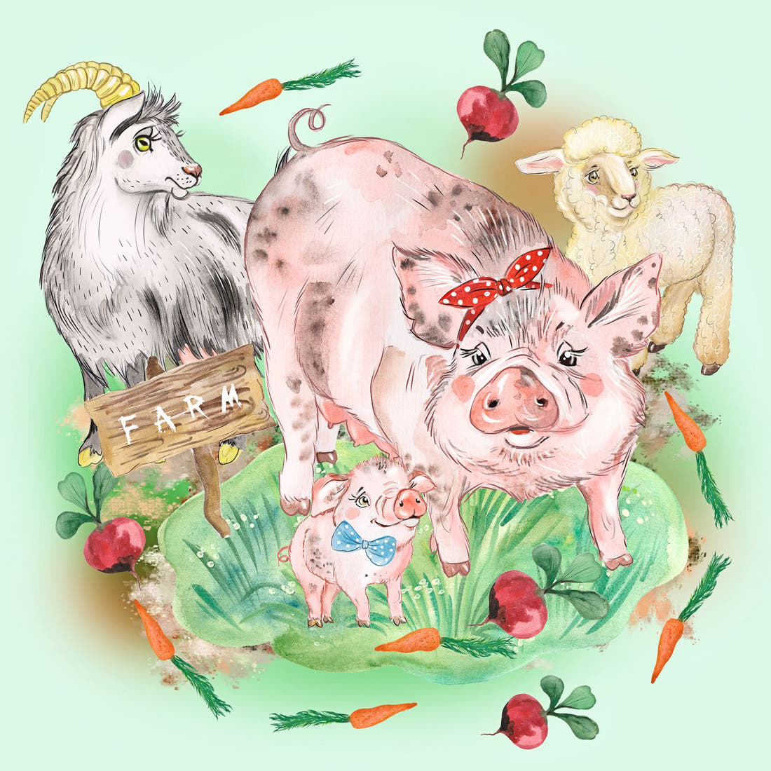 Design 333 Green Farm Animals Panel – full artwork close-up of the printed picture | Fabric by Missy Rose