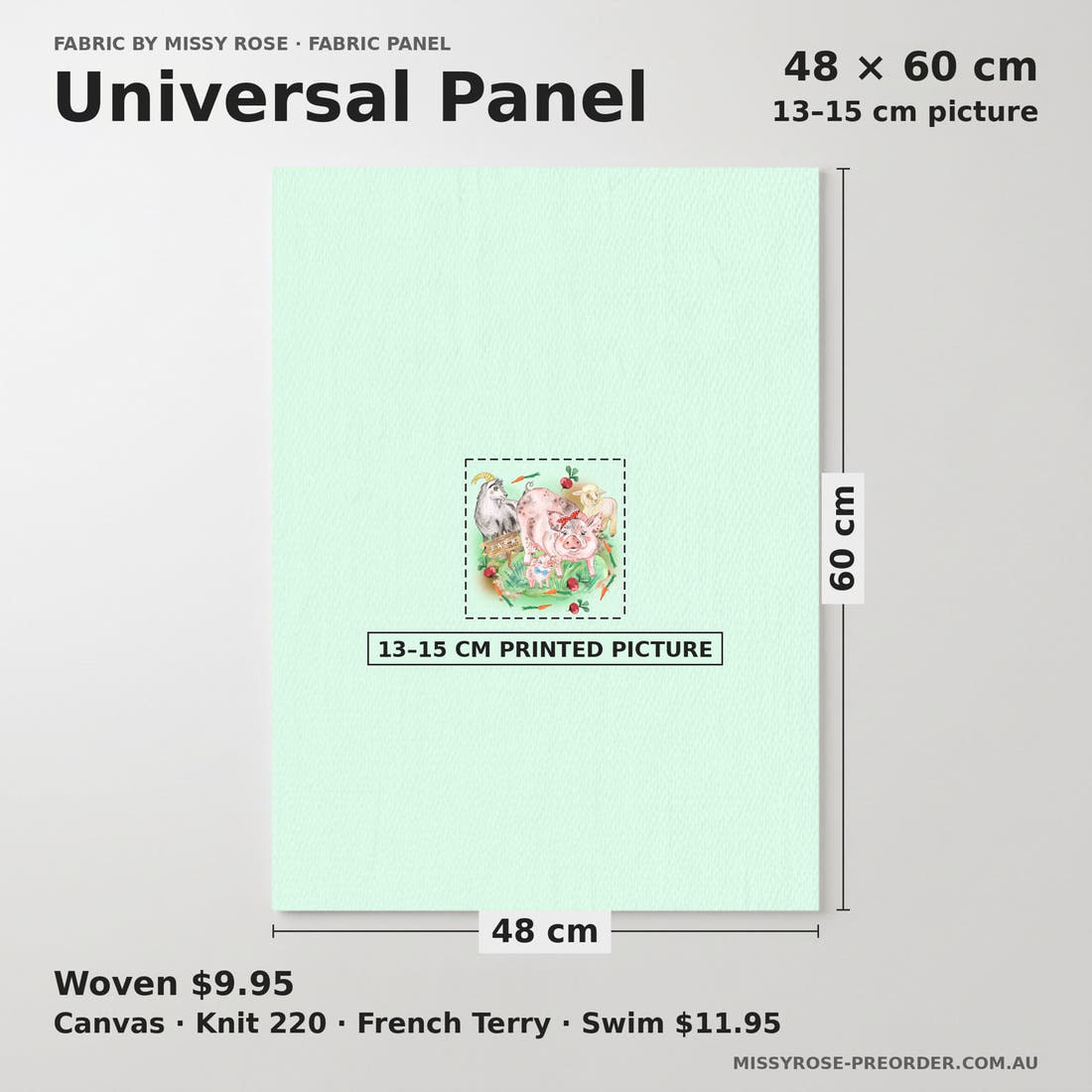 Design 333 Green Farm Animals Panel universal panel sizing – 13–15 cm printed picture on 48 × 60 cm fabric | Fabric by Missy Rose