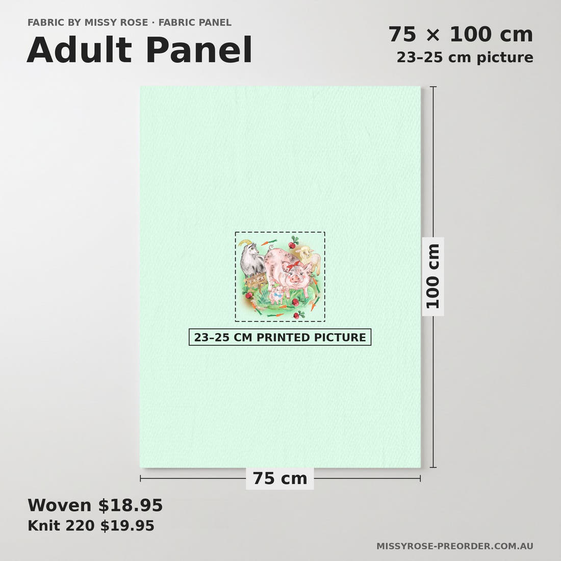 Design 333 Green Farm Animals Panel adult panel sizing – 23–25 cm printed picture on 75 × 100 cm fabric | Fabric by Missy Rose