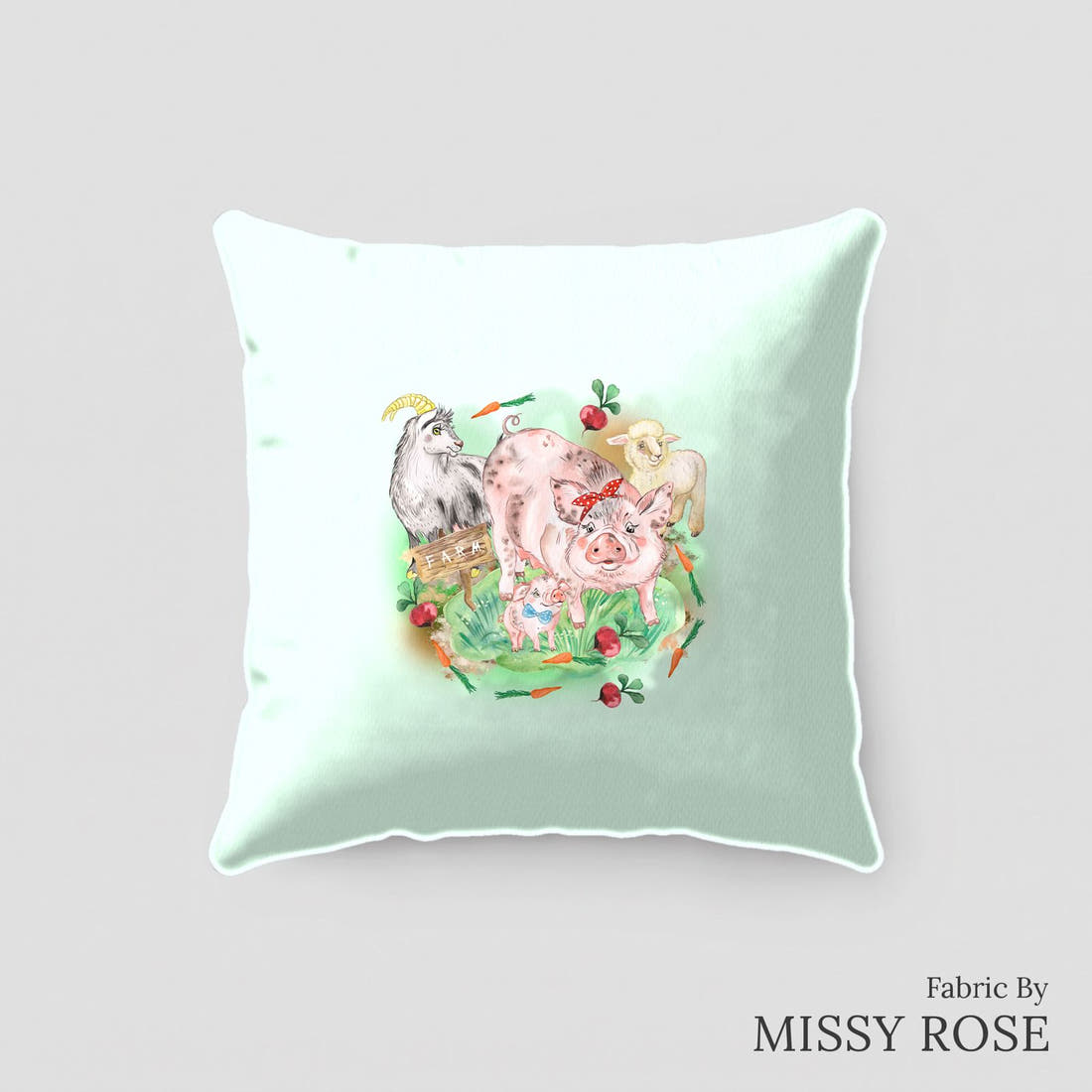 Design 333 Green Farm Animals Panel sewn into a cushion – see how the panel looks made up | Fabric by Missy Rose
