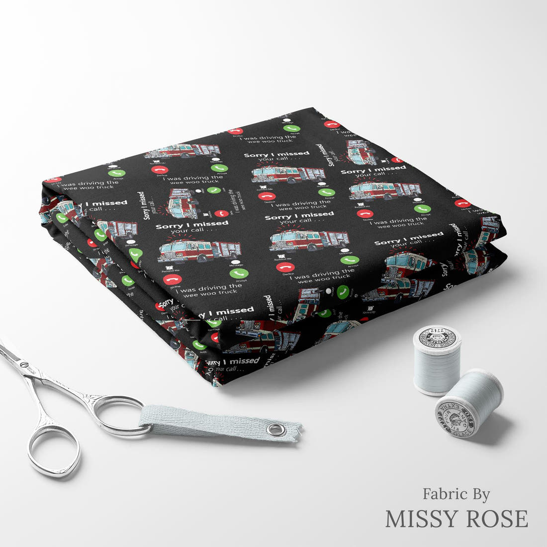 Design 334 Fireman Fabric folded fabric stack with matching thread – pre-order fabric Australia | Fabric by Missy Rose