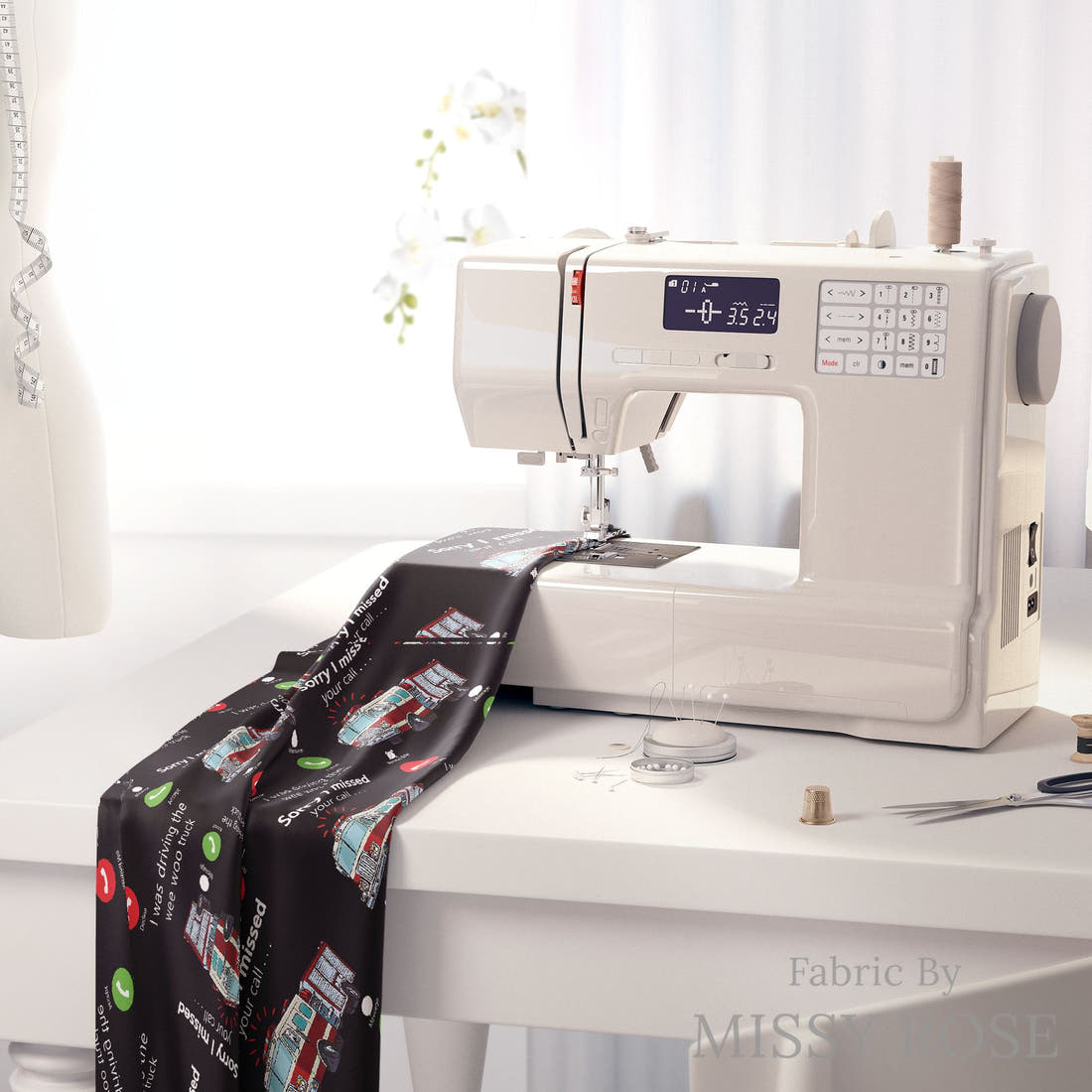 Design 334 Fireman Fabric on a sewing machine – premium fabric for sewing projects | Fabric by Missy Rose