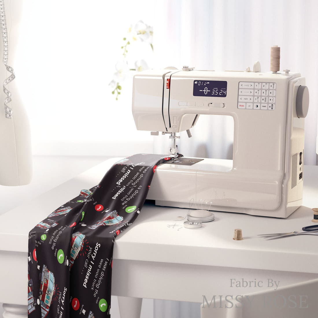 Design 334 Fireman Fabric on a sewing machine – premium fabric for sewing projects | Fabric by Missy Rose