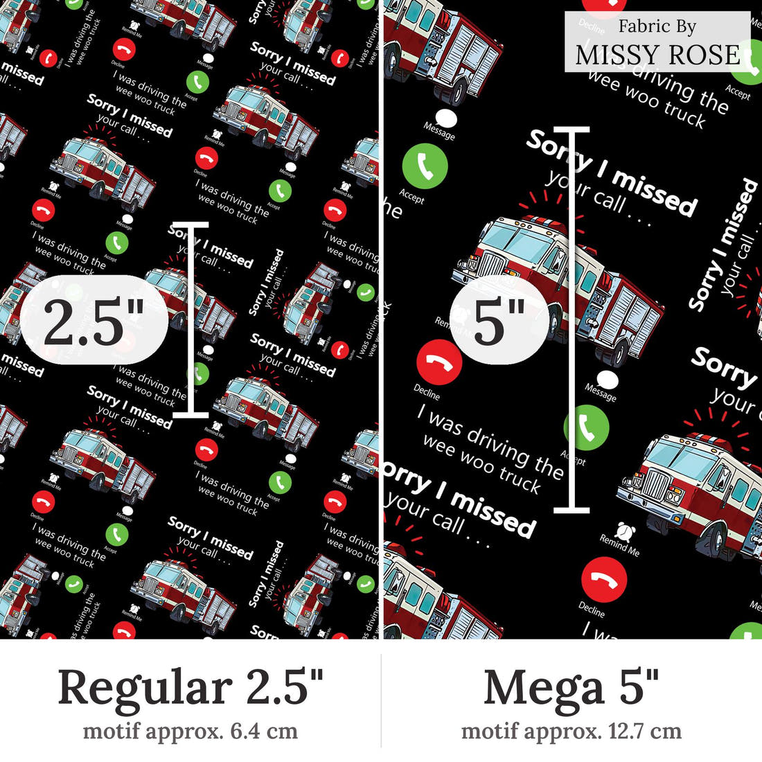 Design 334 Fireman Fabric Regular 2.5 inch vs Mega 5 inch print scale side by side | Fabric by Missy Rose