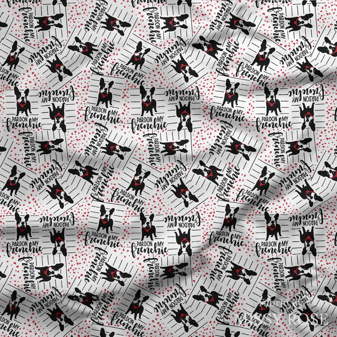 Design 335 Frenchie Heart Fabric draped fabric mockup – custom printed fabric by the metre | Fabric by Missy Rose
