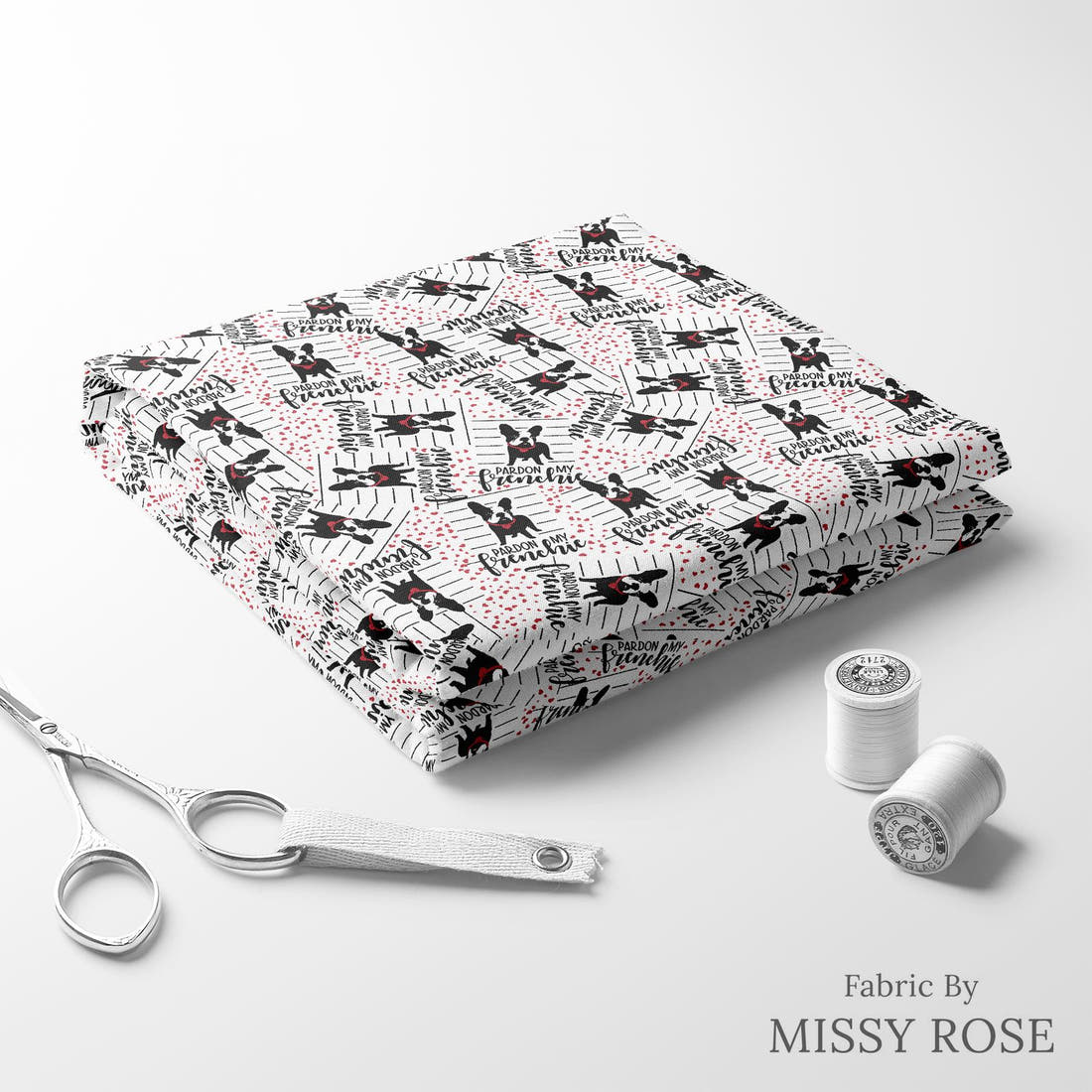 Design 335 Frenchie Heart Fabric folded fabric stack with matching thread – pre-order fabric Australia | Fabric by Missy Rose