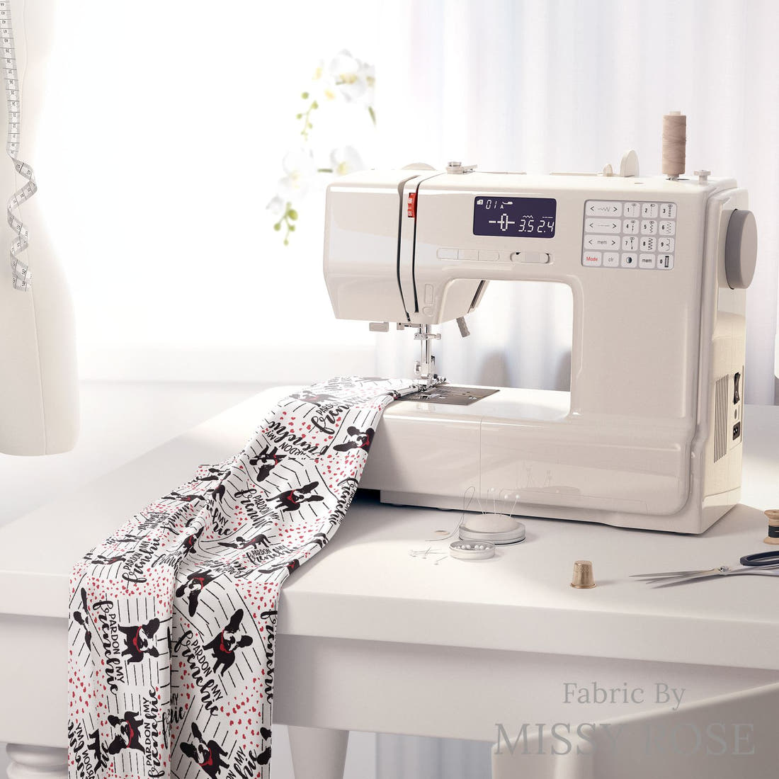 Design 335 Frenchie Heart Fabric on a sewing machine – premium fabric for sewing projects | Fabric by Missy Rose