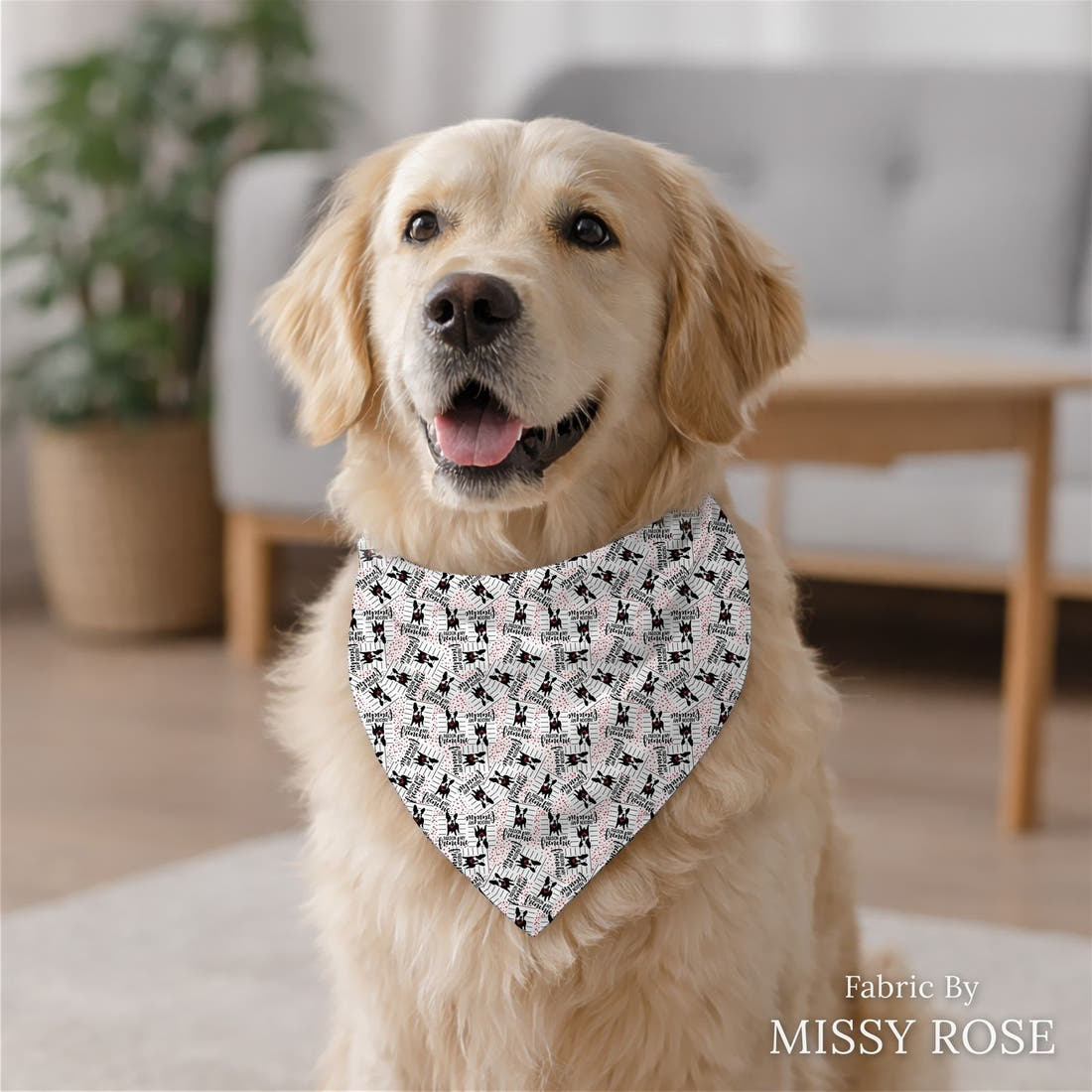 Design 335 Frenchie Heart Fabric sewn into a dog bandana – see how the print looks made up | Fabric by Missy Rose