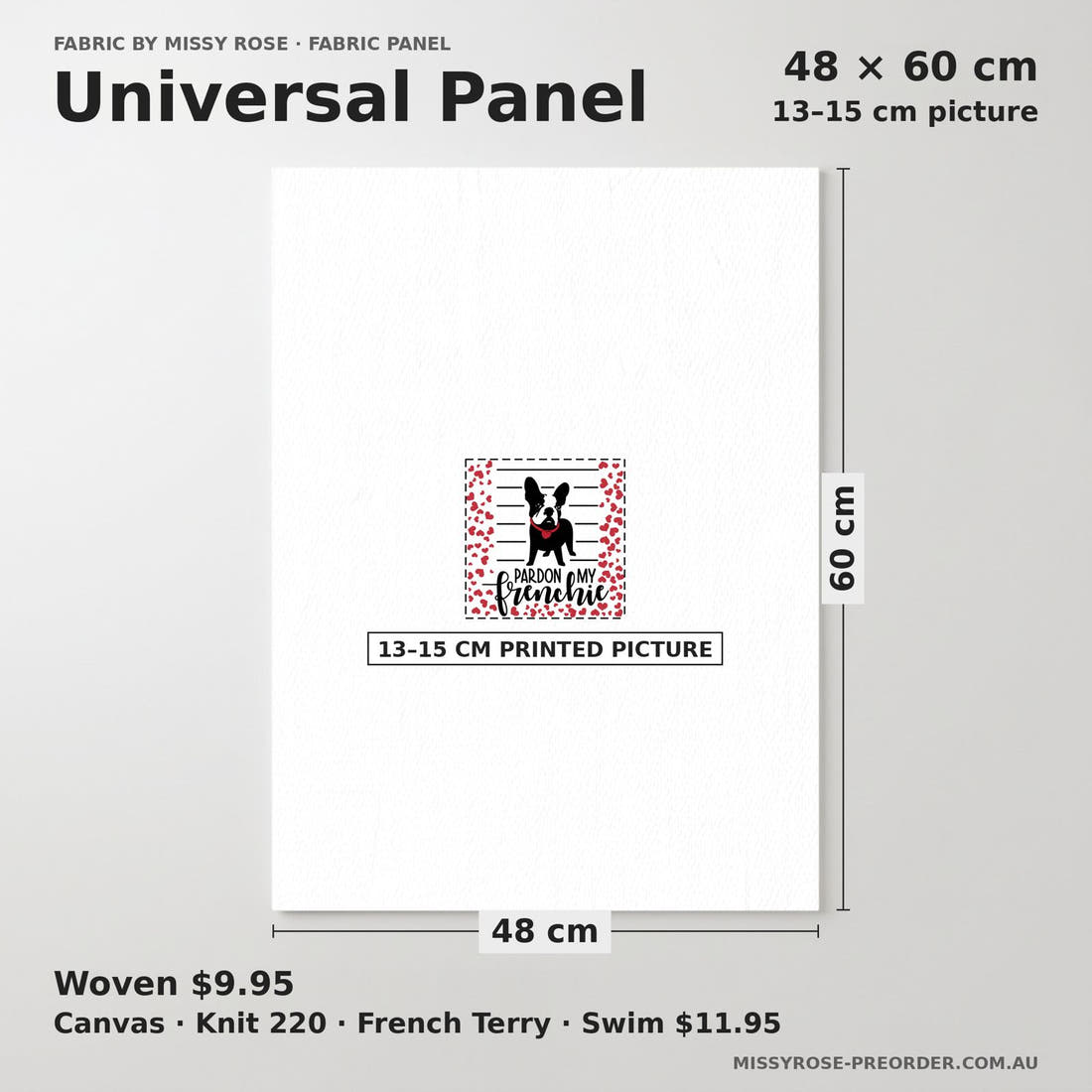 Design 335 Frenchie Heart Panel universal panel sizing – 13–15 cm printed picture on 48 × 60 cm fabric | Fabric by Missy Rose