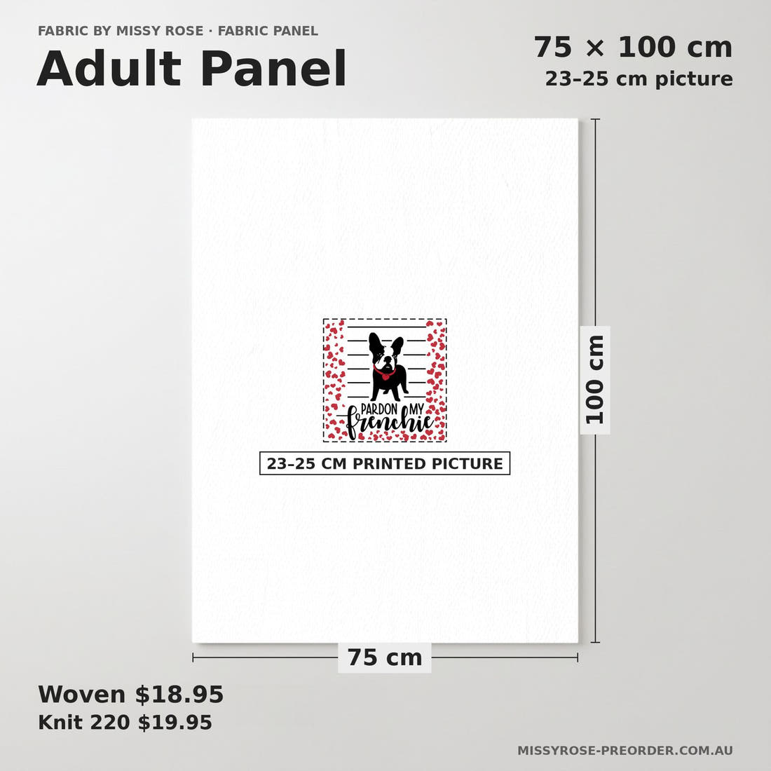 Design 335 Frenchie Heart Panel adult panel sizing – 23–25 cm printed picture on 75 × 100 cm fabric | Fabric by Missy Rose