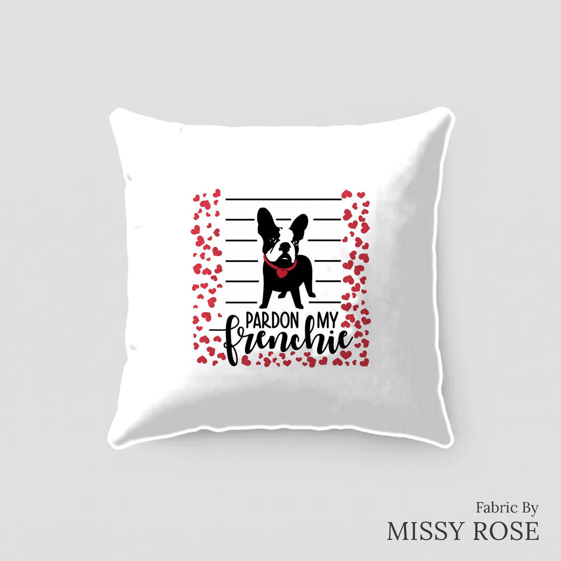 Design 335 Frenchie Heart Panel sewn into a cushion – see how the panel looks made up | Fabric by Missy Rose