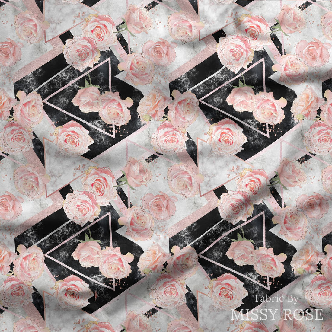 Design 336 Geometric Roses Fabric draped fabric mockup – custom printed fabric by the metre | Fabric by Missy Rose